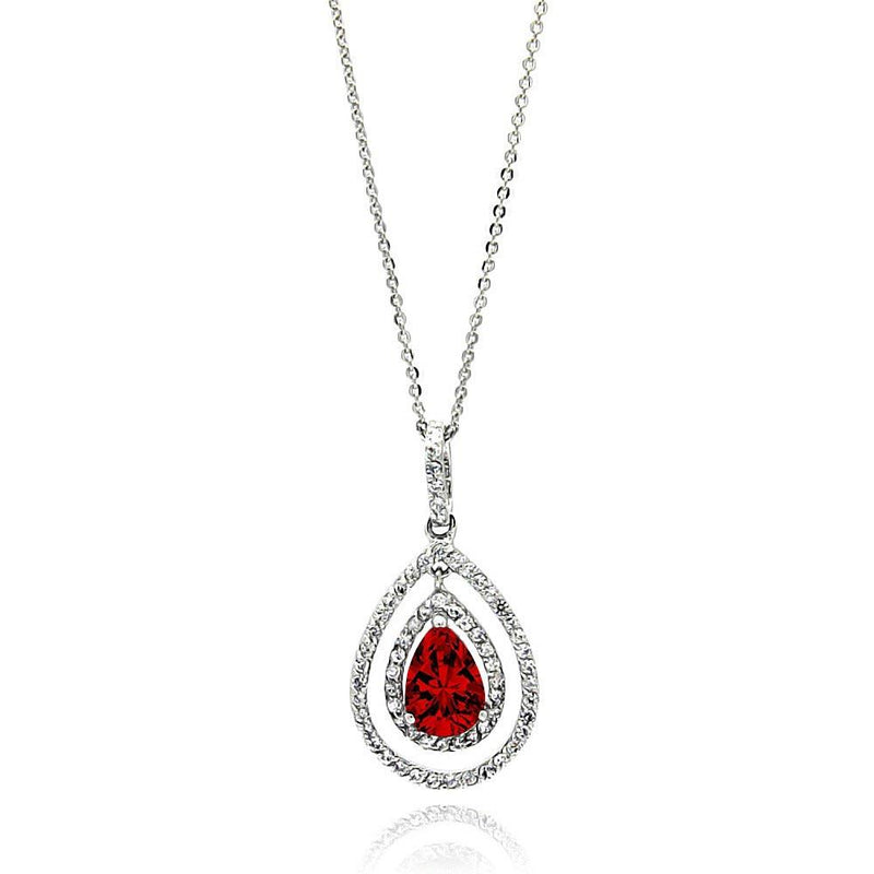 Silver 925 Rhodium Plated Open Teardrop Red Center CZ Necklace - BGP00666 | Silver Palace Inc.