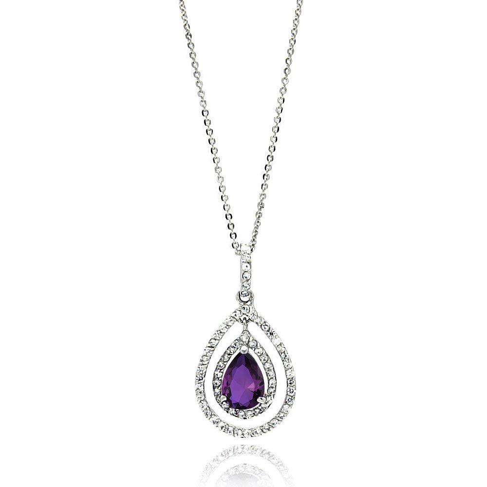 Silver 925 Rhodium Plated Open Purple Teardrop Center CZ Necklace - BGP00667 | Silver Palace Inc.