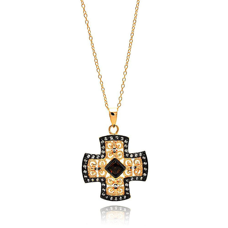 Silver 925 Rose Gold Plated Black and Clear CZ Inlay Necklace - BGP00702 | Silver Palace Inc.