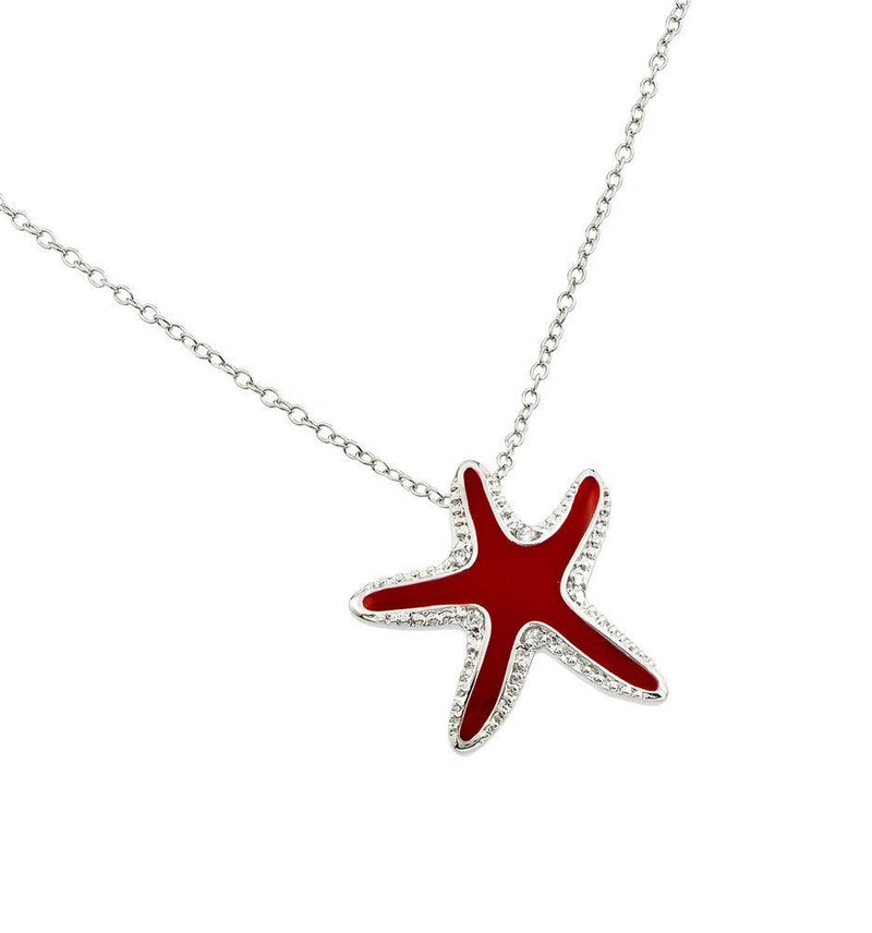 Silver 925 Rhodium Plated Clear CZ Red Star Fish Whale Pendant Necklace - BGP00851 | Silver Palace Inc.