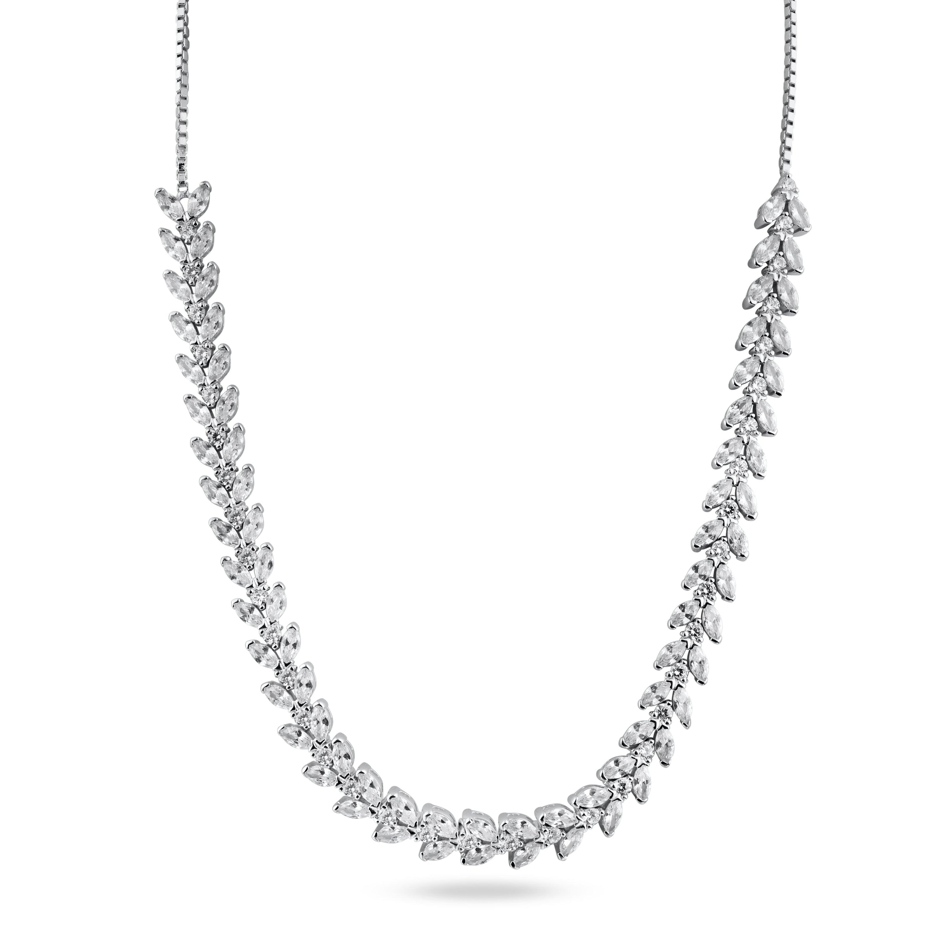 Rhodium Plated 925 Sterling Silver Adjustable Leaf Link CZ Bridal Necklace - BGP01254