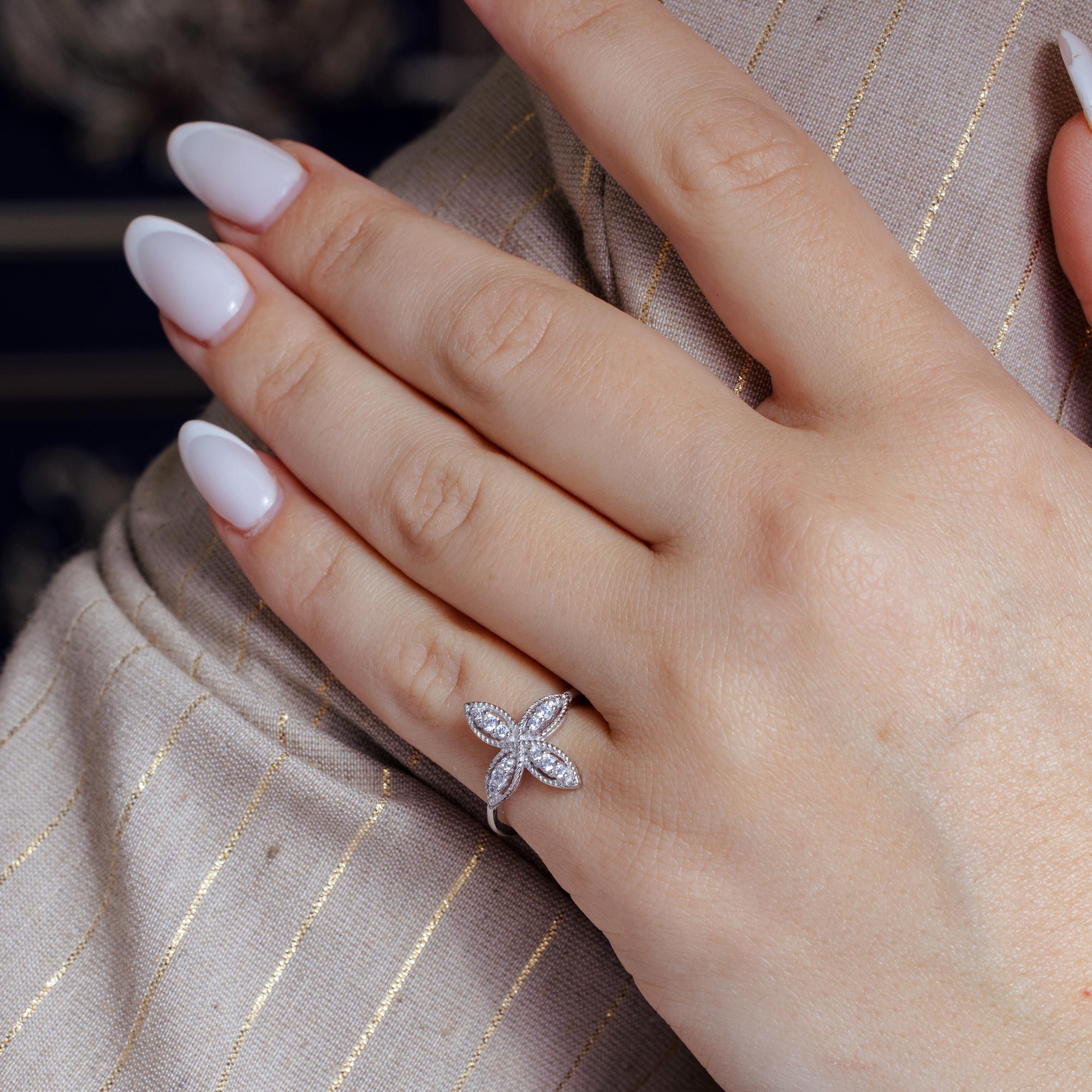 Rhodium Plated 925 Sterling Silver Four Petal Ring with CZ - BGR01176