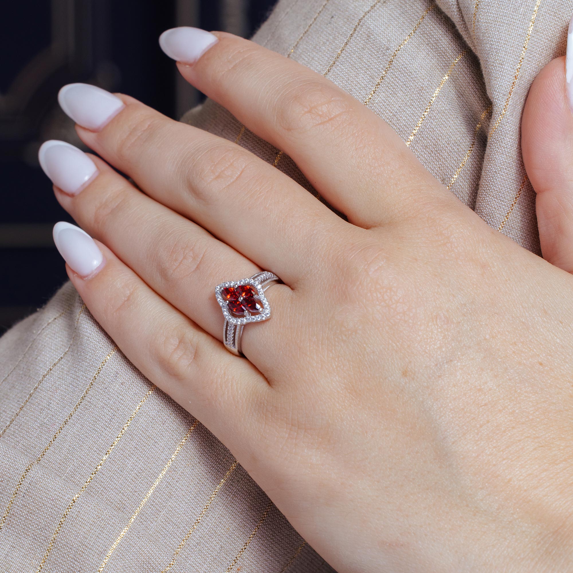 Rhodium Plated 925 Sterling Silver 4 Red Marquise Center CZ Ring - BGR01253RED