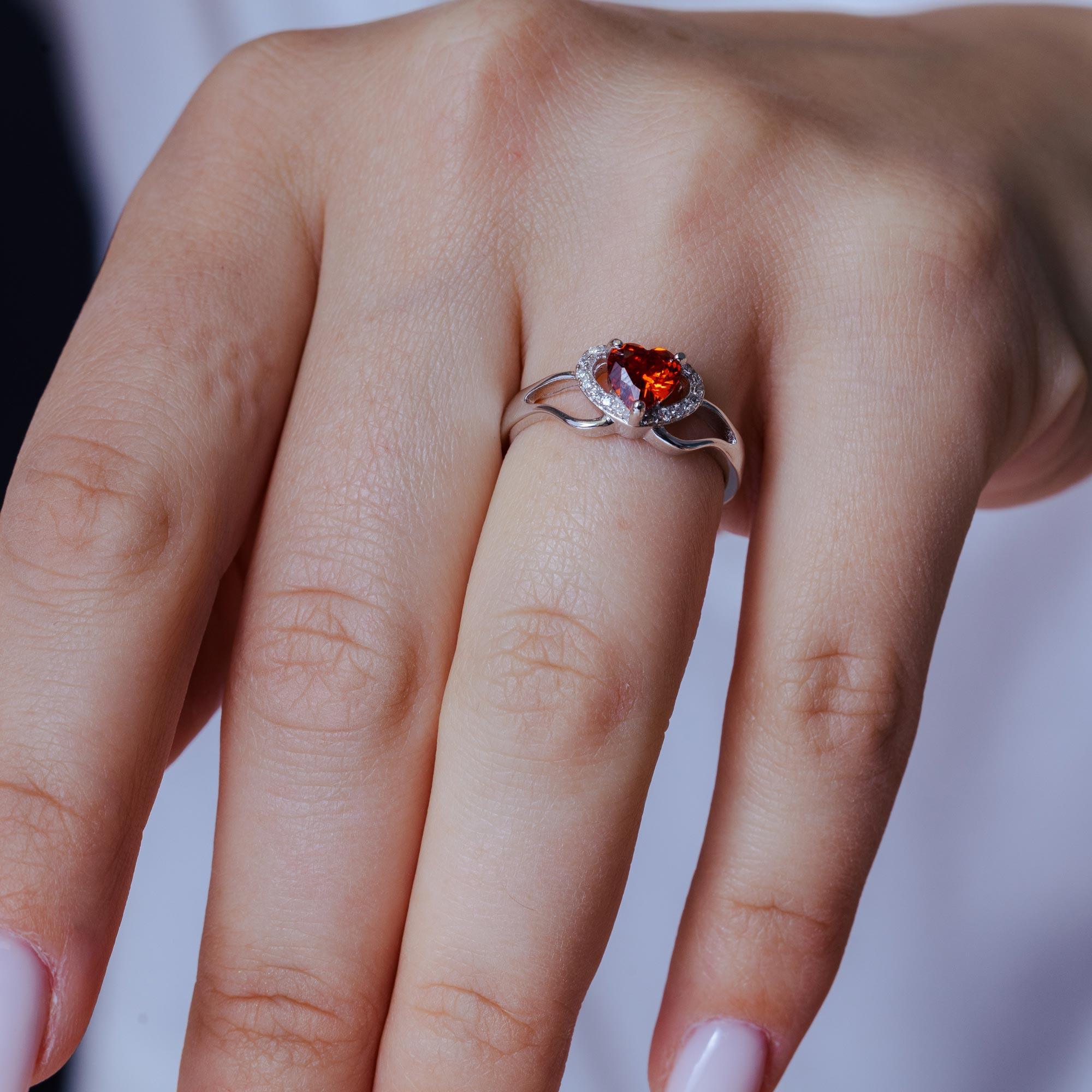 Rhodium Plated 925 Sterling Silver Heart Red and Clear CZ Ring - BGR01344