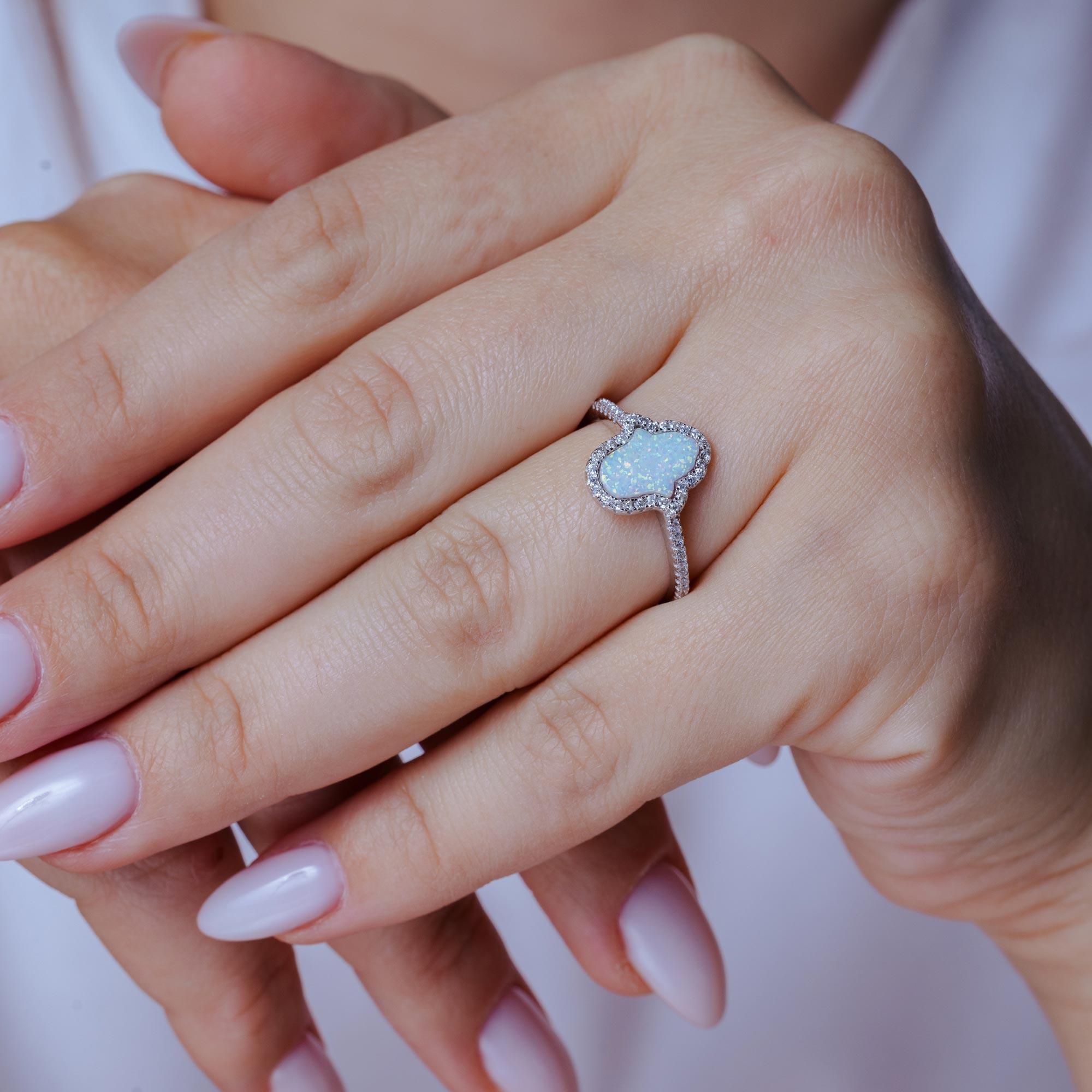 Rhodium Plated 925 Sterling Silver Hamsa Opal CZ Ring - BGR01356