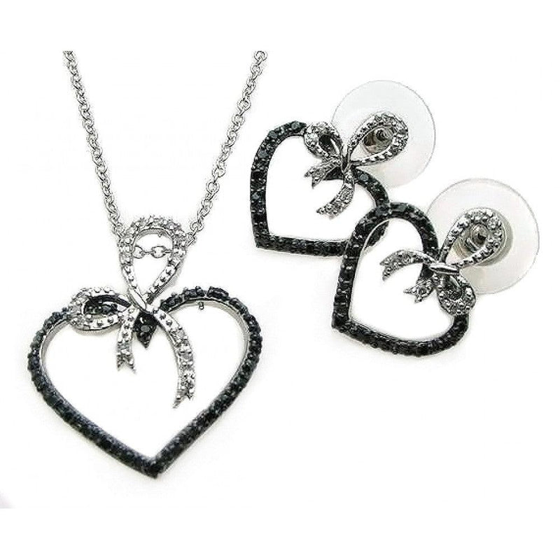Closeout-Silver 925 Rhodium and Black Rhodium Plated Black and Clear Open Heart Ribbon CZ Stud Earring and Necklace Set - BGS00077 | Silver Palace Inc.