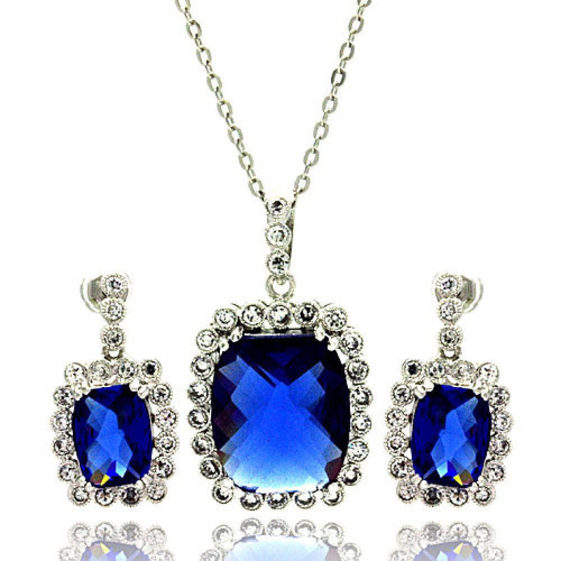 Silver Rhodium Plated Blue and Clear Rectangular CZ Dangling Stud Earring and Necklace Set - BGS00165 | Silver Palace Inc.