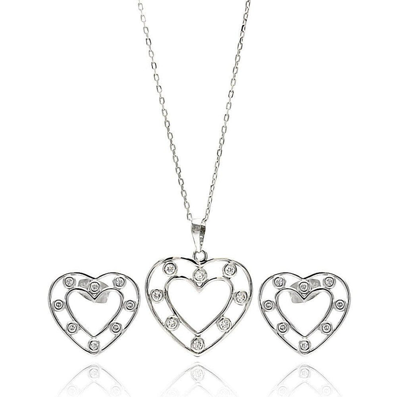 Silver 925 Rhodium Plated Clear Open Outline Heart CZ Stud Earring and Dangling Necklace Set - BGS00262 | Silver Palace Inc.