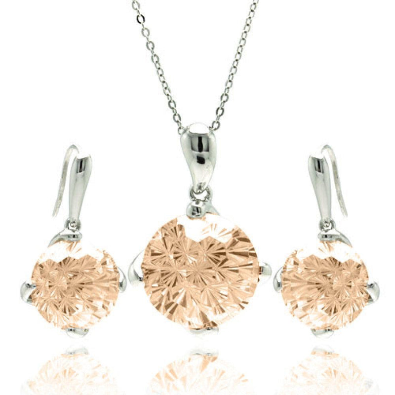 Silver 925 Rhodium Plated Round Brown CZ Hook Earring and Necklace Set - BGS00285 | Silver Palace Inc.