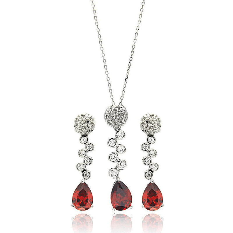 Silver 925 Rhodium Plated Red Teardrop Clear Round CZ Hanging Stud Earring and Hanging Necklace Set - BGS00295 | Silver Palace Inc.