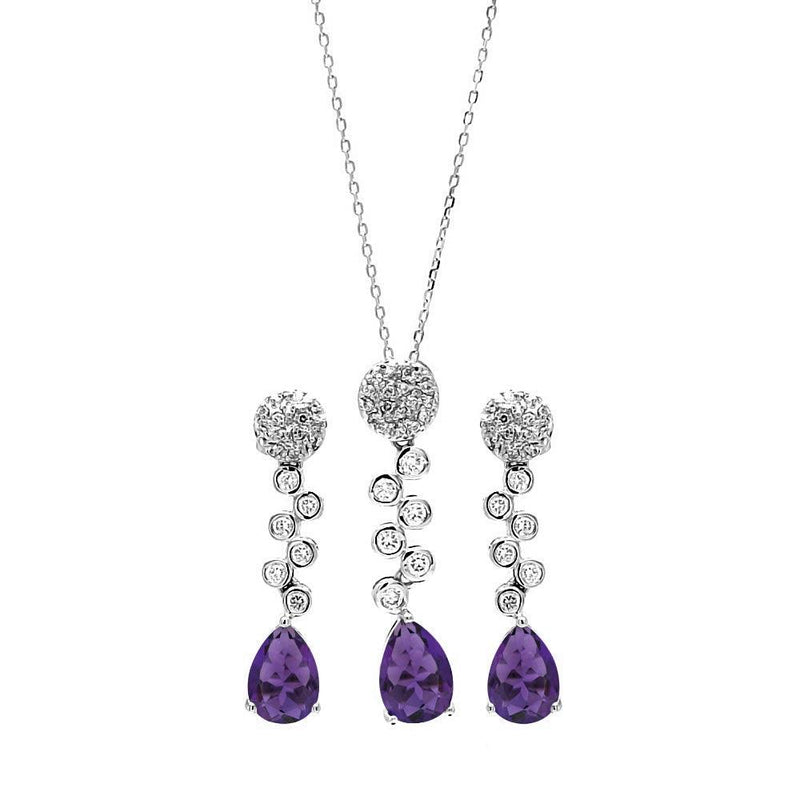 Silver 925 Rhodium Plated Purple Teardrop and Clear Round CZ Hanging Stud Earring and Hanging Necklace Set - BGS00296 | Silver Palace Inc.