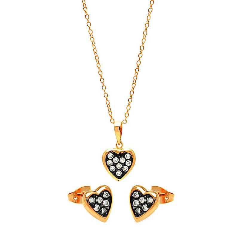 Closeout-Silver 925 Black Rhodium and Gold Plated Clear Mini Heart CZ Stud Earring and Necklace Set - BGS00312 | Silver Palace Inc.