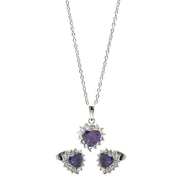 Silver 925 Rhodium Plated Purple Heart Cluster Set - BGS00324 | Silver Palace Inc.