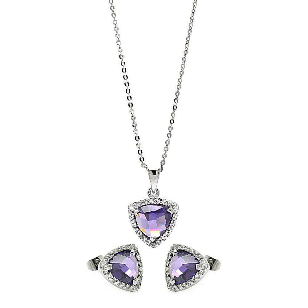 Silver 925 Rhodium Plated Cushion Triangle Purple CZ Set - BGS00328 | Silver Palace Inc.