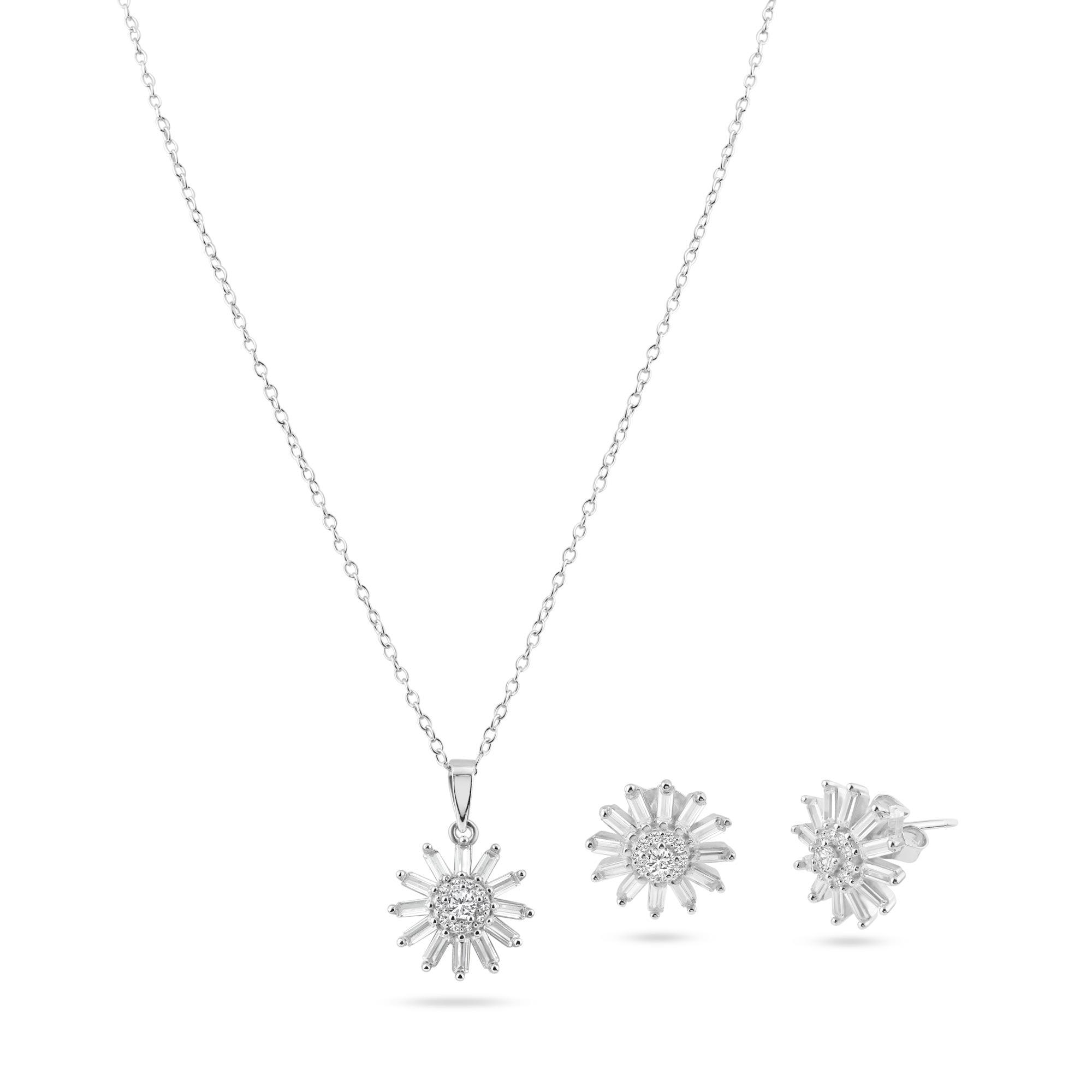 Rhodium Plated 925 Sterling Silver Clear Sunflower CZ Sets - BGS00622CLR | Silver Palace Inc.