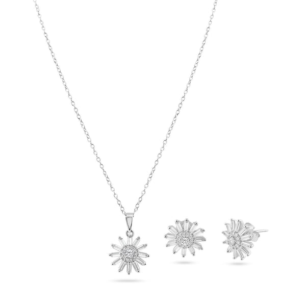 Rhodium Plated 925 Sterling Silver Clear Sunflower CZ Sets - BGS00622CLR | Silver Palace Inc.