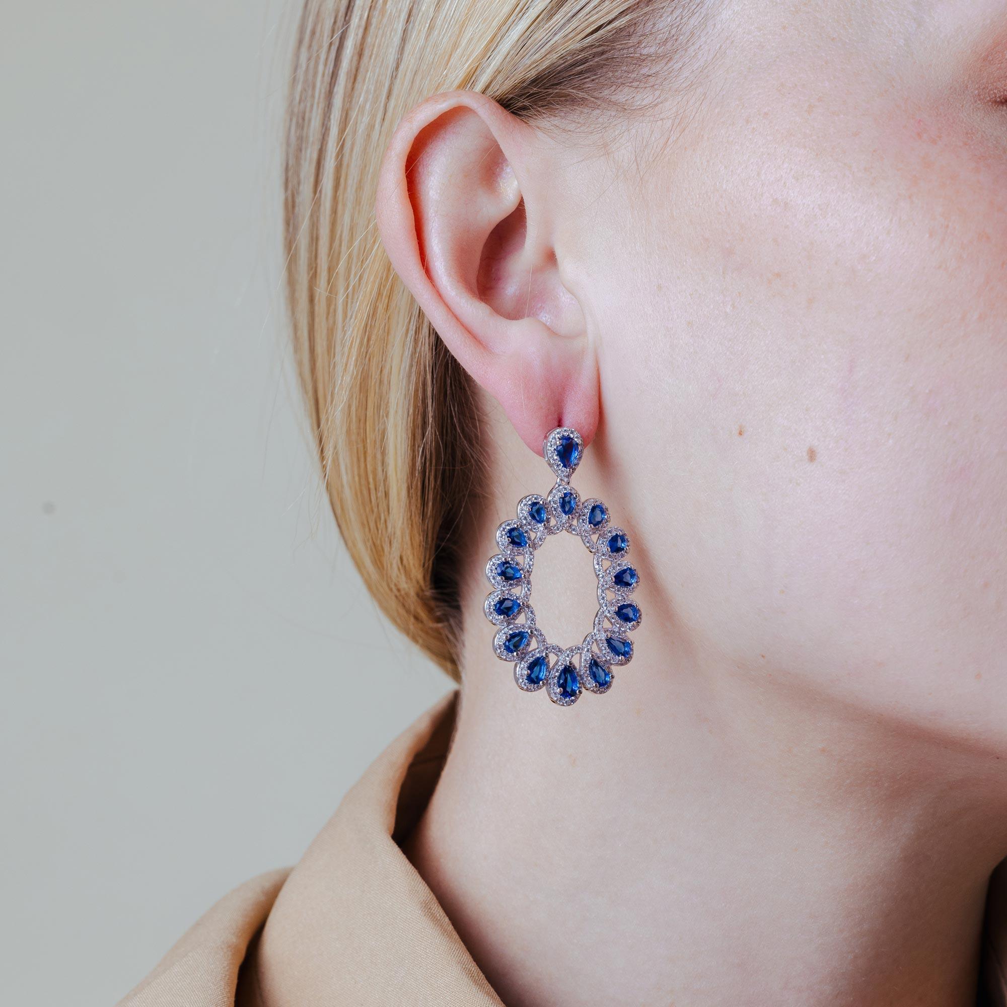 Rhodium Plated 925 Sterling Silver Open Oval Blue and Clear CZ Hanging Earrings - GME00106-BLU