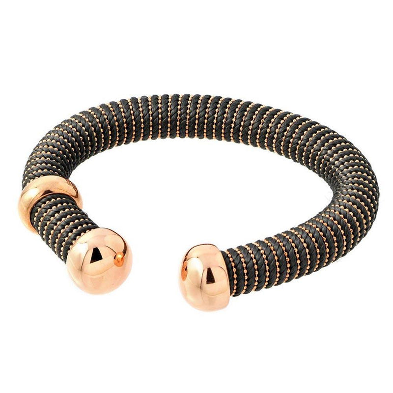 Silver 925 Rose Gold Plated Open Gray Silk Cord Italian Bracelet - ITB00139RGP-BROWN | Silver Palace Inc.