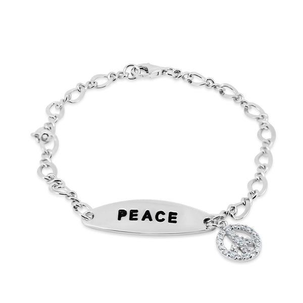 Closeout-Rhodium Plated 925 Sterling Silver Peace Charm CZ Bracelet - STB00317 | Silver Palace Inc.