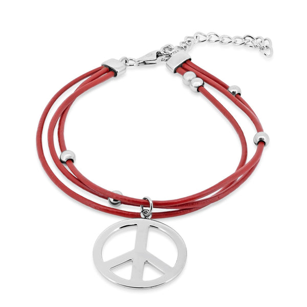 Rhodium Plated 925 Sterling Silver Peace Red Multi Strand Leather Adjustable Bracelet - STB00356 | Silver Palace Inc.