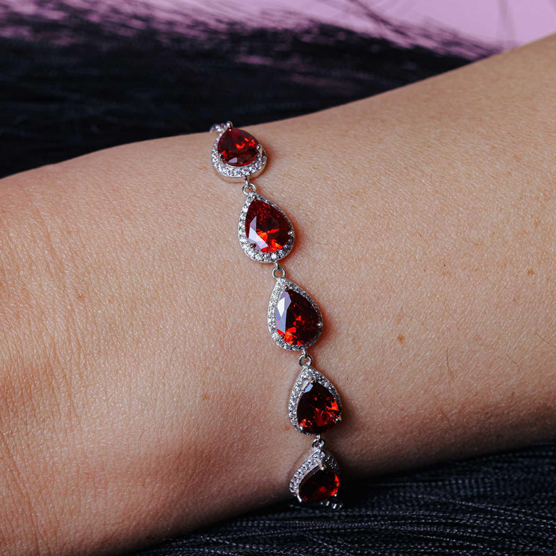 Rhodium Plated 925 Sterling Silver 5 Micro Pave Red Pear and Clear Round CZ Lariat Bracelet - STB00549RED
