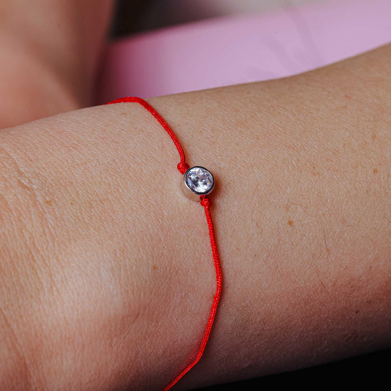 Rhodium Plated 925 Sterling Silver Single CZ Red Cord Bracelet - STB00592