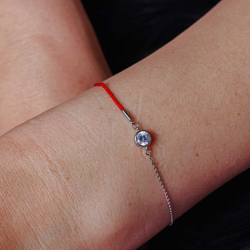 Rhodium Plated 925 Sterling Silver Round CZ Red Cord Bracelet - STB00596
