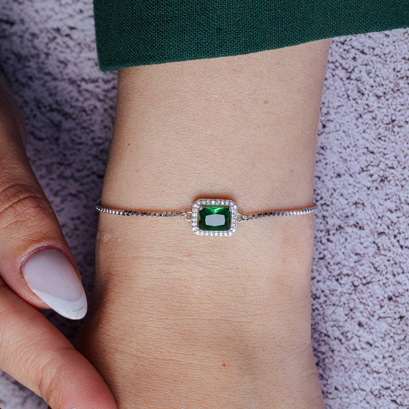 Rhodium Plated 925 Sterling Silver Round Green and Clear CZ Rectangle Adjustable Bracelets - STB00615-GREEN