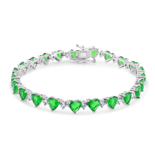 Rhodium Plated 925 Sterling Silver Heart Green CZ 6mm Tennis Bracelet - STB00622GREEN | Silver Palace Inc.