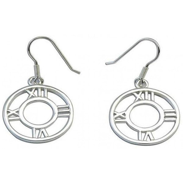 Closeout-Silver 925 Rhodium Plated Round Roman Numeral Clock Hook Dangling Earrings - STE00075 | Silver Palace Inc.