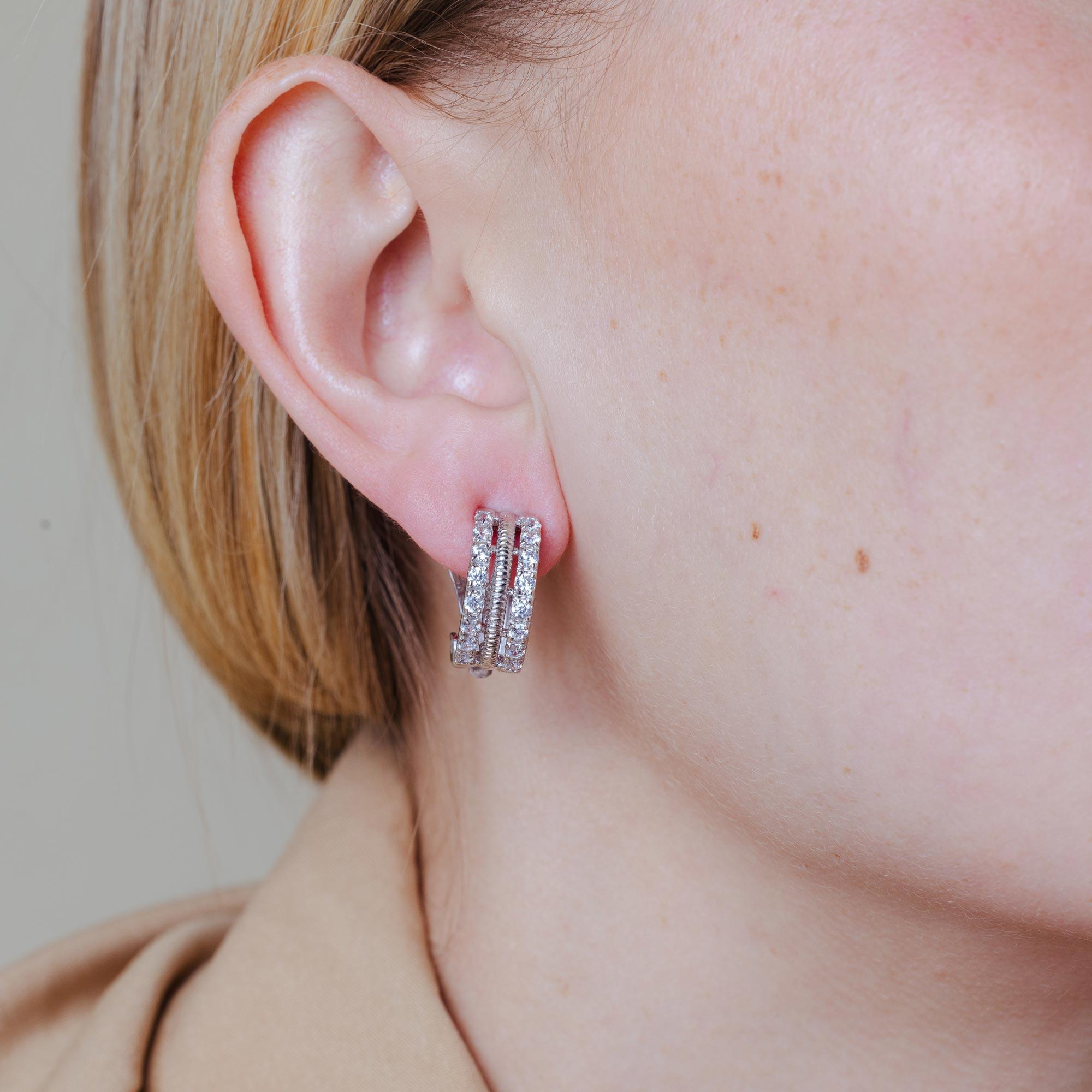 Silver 925 Rhodium Plated Clear Crescent CZ Hoop Earrings - STE00935