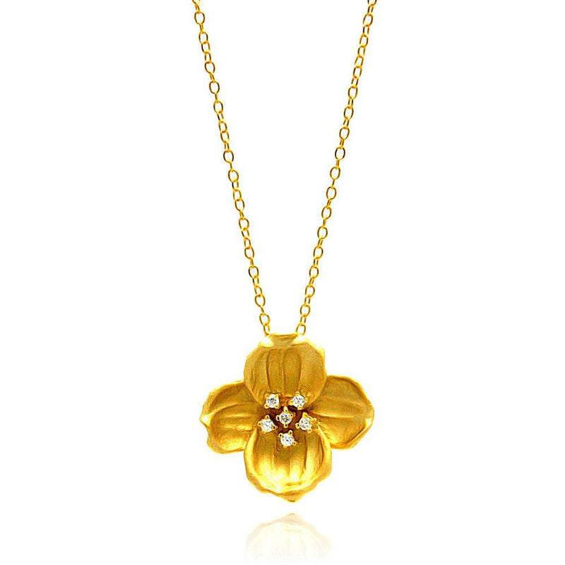 Silver 925 Gold Plated Clear CZ Flower Pendant Necklace - STP00940 | Silver Palace Inc.