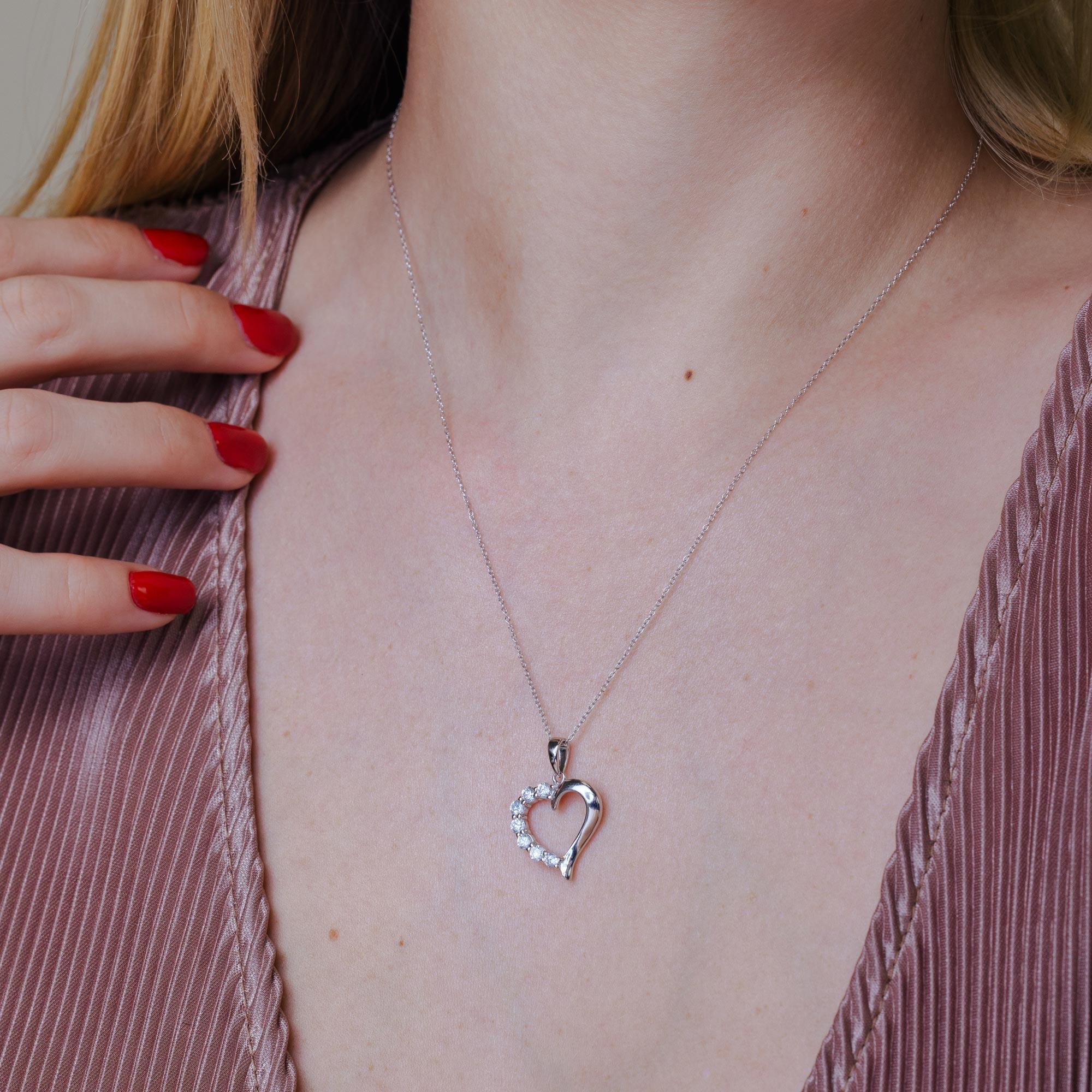 Rhodium Plated 925 Sterling Silver Open CZ Heart Necklace - STP01584