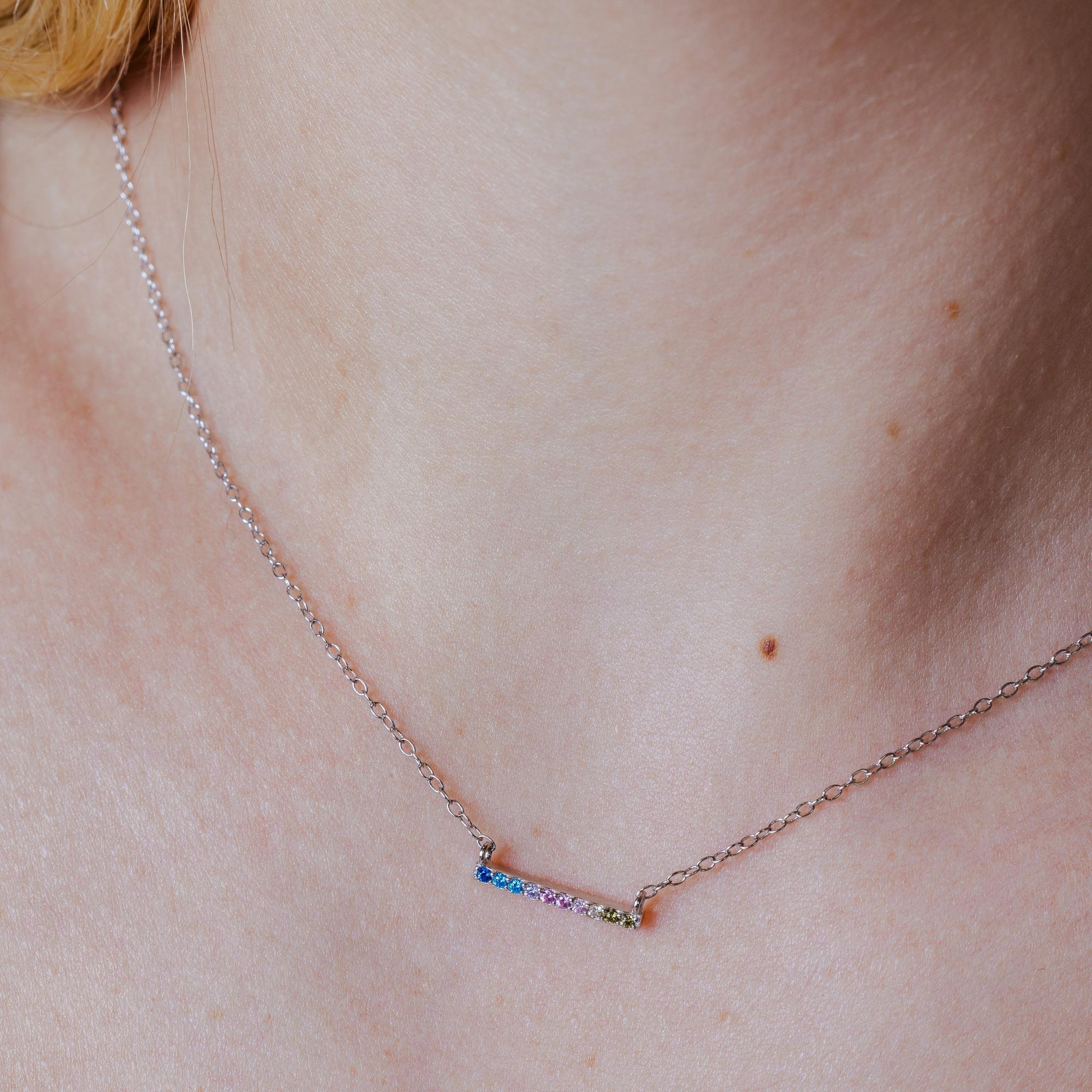 Rhodium Plated 925 Sterling Silver Rainbow Multi Color CZ Bar Necklace- STP01732