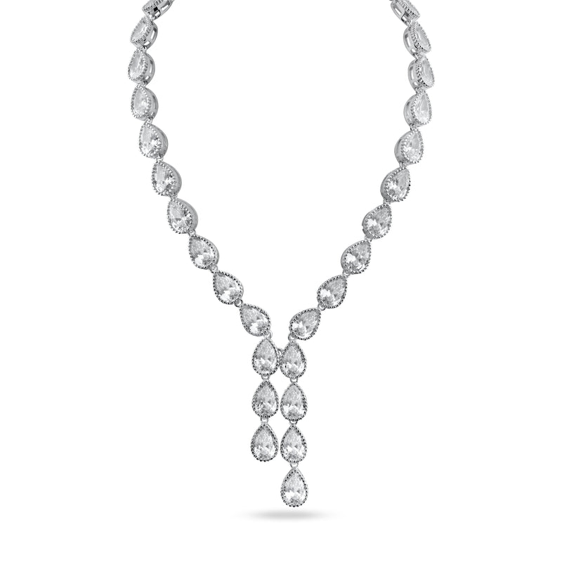 Rhodium Plated 925 Sterling Silver Teardrop Dangling Pendant Clear CZ Tennis Necklace - STP01839