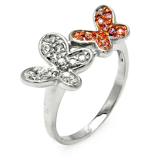 Closeout-Silver 925 Rhodium and Rose Gold Plated Pink and Clear CZ Butterfly Ring - STR00004PNK-CLR | Silver Palace Inc.