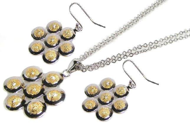 Closeout-Silver 925 Two-Toned Flower Necklace and Earrings Set - STS00067 | Silver Palace Inc.