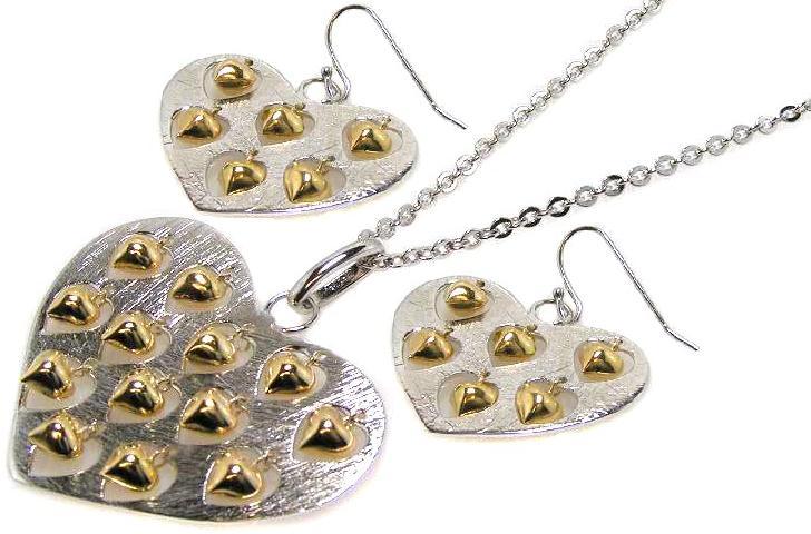 Closeout-Silver 925 Rhodium Plated Large Heart Pendant and Small Heart Earrings Set with Heart Charms - STS00075 | Silver Palace Inc.