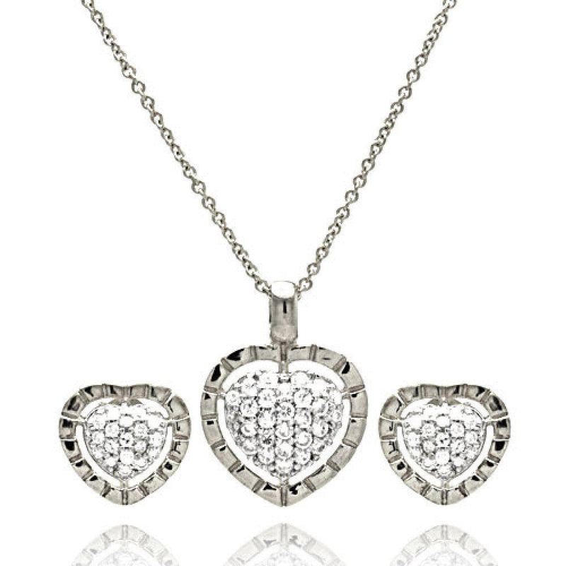 Silver 925 Rhodium Plated Clear Heart CZ Stud Earring and Necklace Set - STS00175RH | Silver Palace Inc.