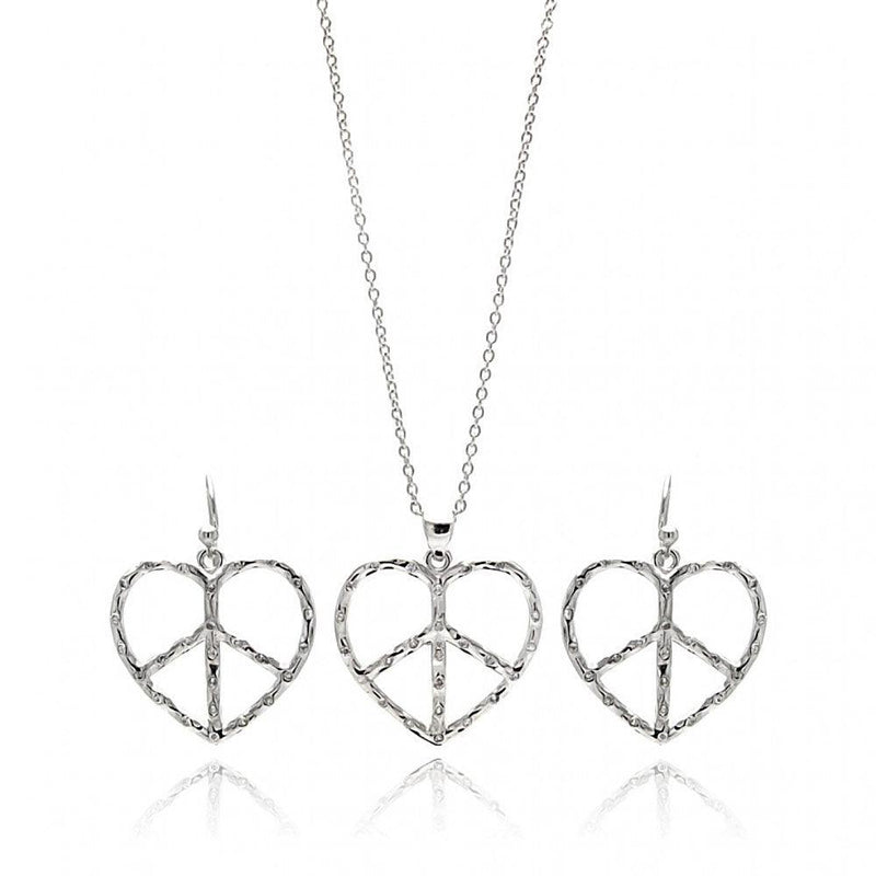 Silver 925 Rhodium Plated Open Peace Sign Heart CZ Dangling Hook Earring and Necklace Set - STS00218 | Silver Palace Inc.