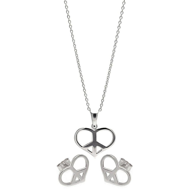 Silver 925 Rhodium Plated Open Heart Peace Sign CZ Stud Earring and Necklace Set - STS00234 | Silver Palace Inc.