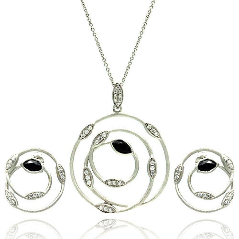 Closeout-Silver 925 Rhodium Plated Open Round Wire Marquis Clear and White CZ Inlay Stud Earring and Necklace Set - STS00384 | Silver Palace Inc.