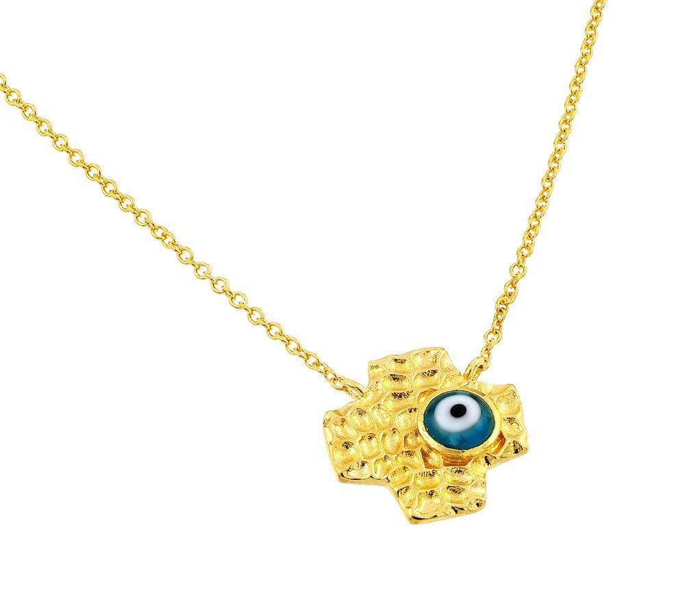 Silver 925 Gold Plated Evil Eye Blue Iris Square Cross Pendant Necklace - BGP00841GP | Silver Palace Inc.