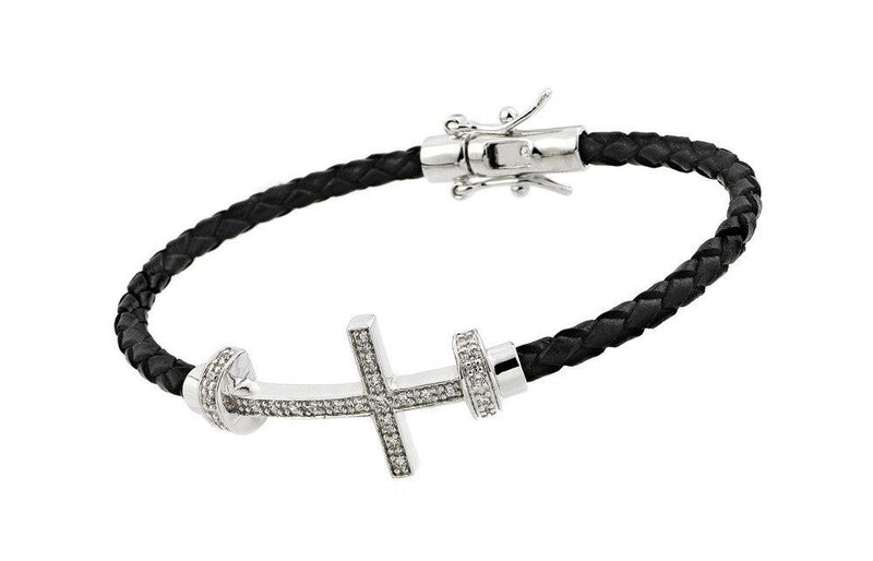 Silver 925 Rhodium Plated Sideways Cross CZ Black Rope Bracelet - BGB00175 | Silver Palace Inc.