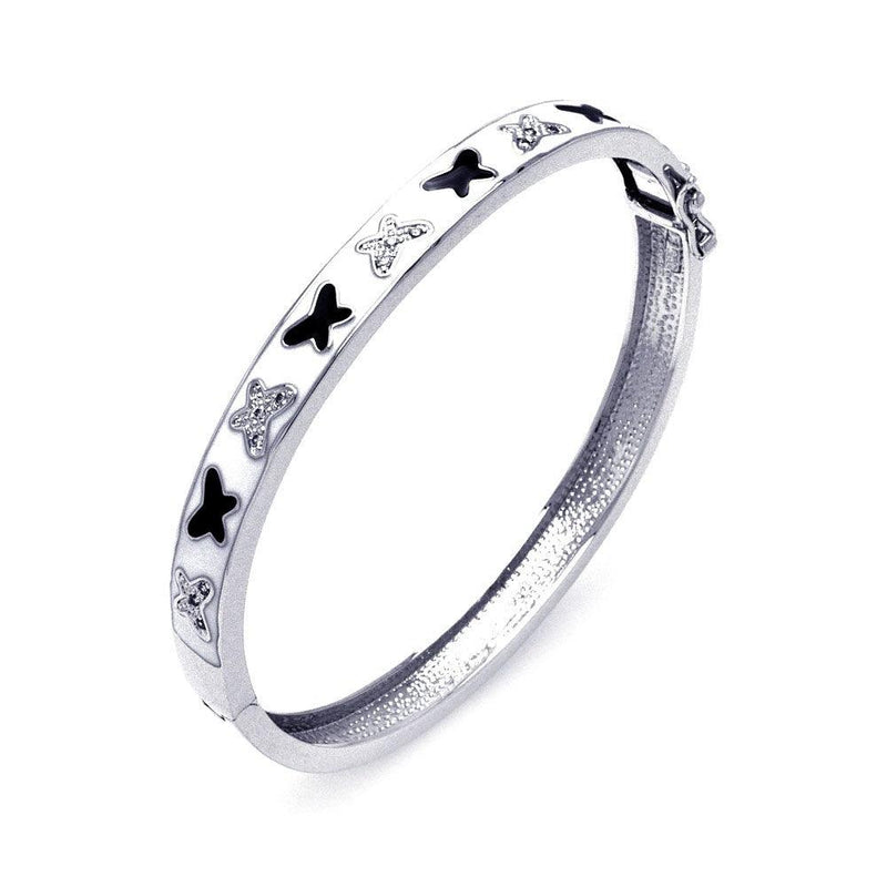Closeout-Sterling Silver Rhodium Plated White Enamel Butterfly Design CZ Bangle Bracelet - BGG00028 | Silver Palace Inc.