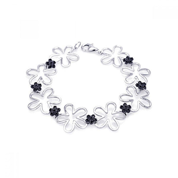 Silver 925 Black and Rhodium Plated Multiple Open Flower CZ Bracelet - BGB00046 | Silver Palace Inc.