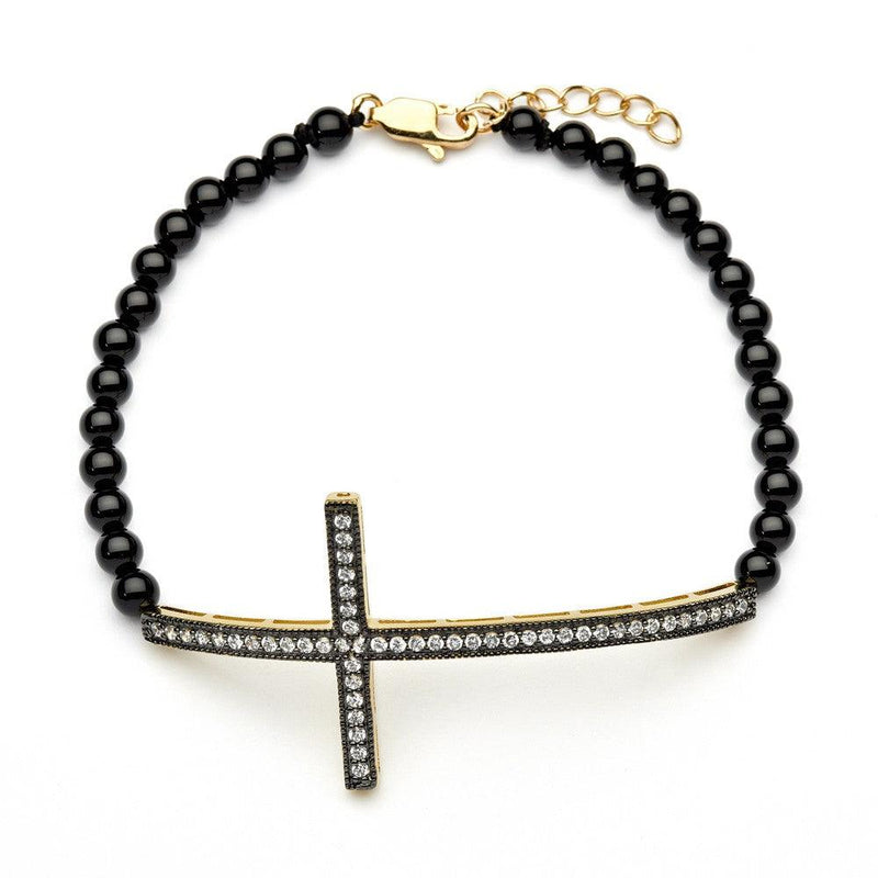 Silver 925 Black and Gold Rhodium Plated Sideways Cross CZ Black Amethyst Beads Bracelet - BGB00103 | Silver Palace Inc.