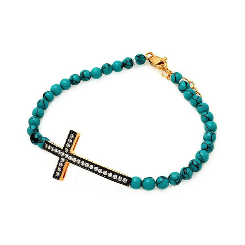Silver 925 Gold and Black Rhodium Plated Sideways Cross CZ Turquoise Bead Bracelet - BGB00120 | Silver Palace Inc.