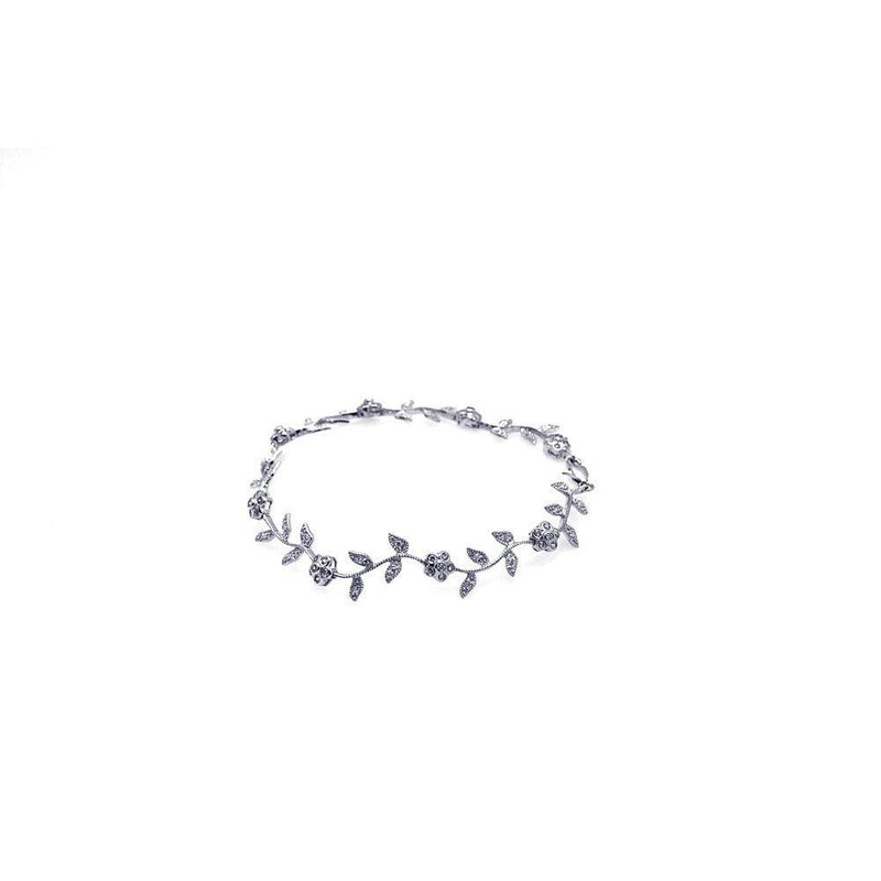 Silver 925 Rhodium Plated Clear CZ Flower Leaf Bracelet - STB00343 | Silver Palace Inc.