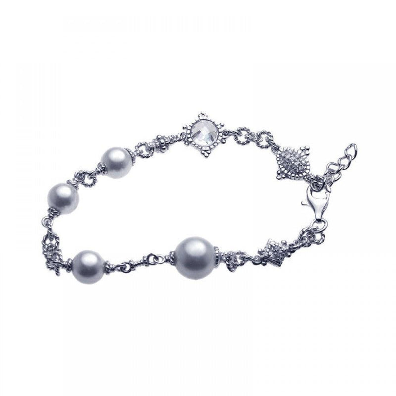 Silver 925 Rhodium Plated Pearl Clear CZ Bracelet - STB00374 | Silver Palace Inc.